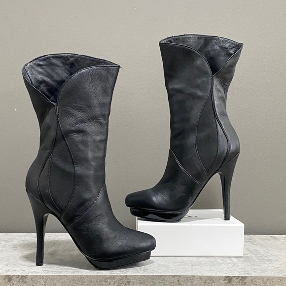 Charles Jourdan Paris Elegant Black Leather High Heel Boots Size 6.5 - Picture 1 of 16